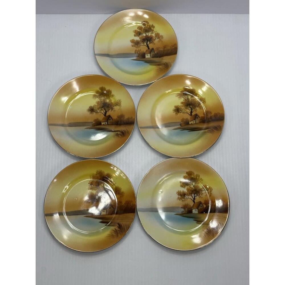 5 Vintage Noritake Tree Lake Cottage Scene 6.5” Bread Dessert Plates